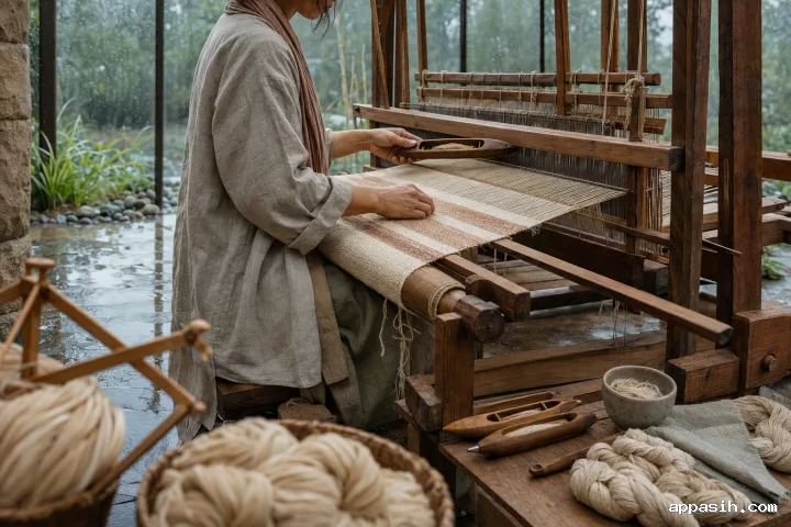Close three-quarter view of an anonymous artisan passing a wooden shuttle through natural fibers on a traditional loom in a rain-lit conservatory.