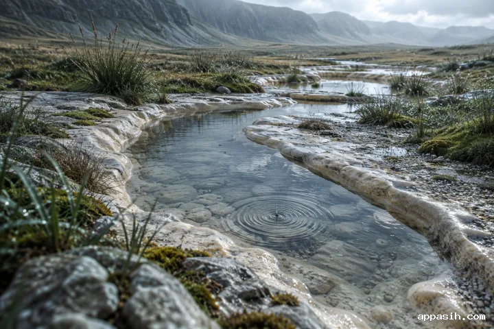 Close low-angle view across a rain-washed limestone meadow where a curved mineral pool ripples beneath fresh rainfall, framed by wet stone, silver-green grasses, moss, and mist-softened distant ridges.
