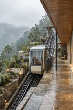 Modern ivory funicular cabin climbing through a rain-soaked hillside garden station with limestone terraces, wet rails, grasses, and misty distant hills.