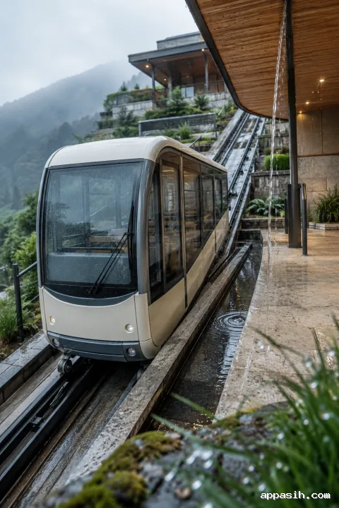 Close low-angle view of an ivory hillside funicular approaching a rain-covered limestone garden station, with wet rails, timber canopy, moss, reflective puddles, and misty hills.