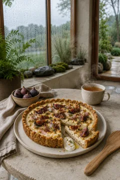 Savory millet tart topped with roasted figs and herbs on handmade ceramic tableware inside a rainlit contemporary conservatory.