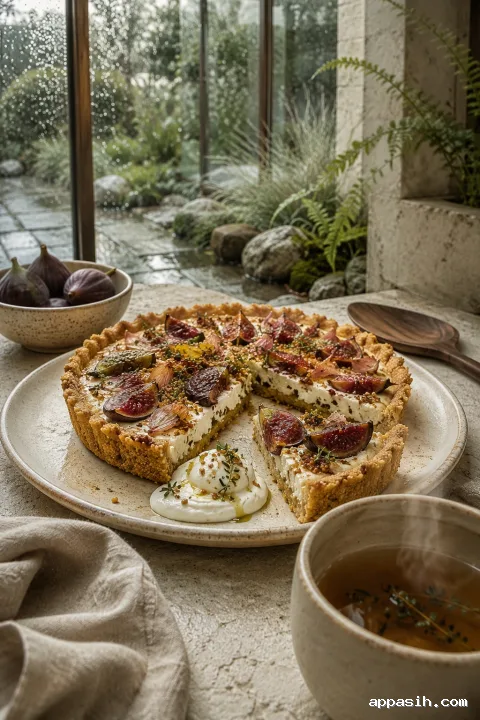 Close three-quarter view of a savory millet tart with roasted figs, herbs, cultured cream, and steaming herbal infusion on a limestone table in a rainy conservatory.