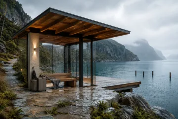Rain-washed contemporary glass landing lodge overlooking a misty tidal fjord with limestone terrace, timber deck, neutral travel cases, coastal grasses, and wet stone surroundings.