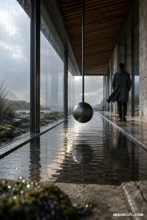 Closer low three-quarter view of an anonymous traveler crossing a rainy coastal limestone passage as a monumental pendulum swings above rippling reflective water.