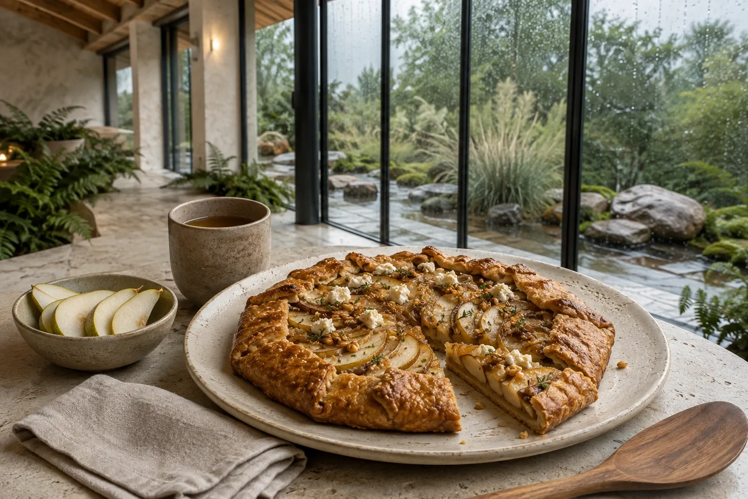 Savory pear and barley galette with miso glaze on a limestone table inside a rain-soaked contemporary glass conservatory.