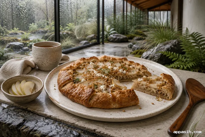 Close three-quarter view of a savory pear and barley galette with glossy miso glaze in a rainy contemporary glass conservatory.