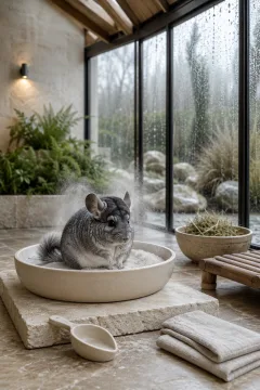 Fluffy gray chinchilla sitting in a warm ivory ceramic mineral dust bath inside a serene glass conservatory during a gentle rainy morning.
