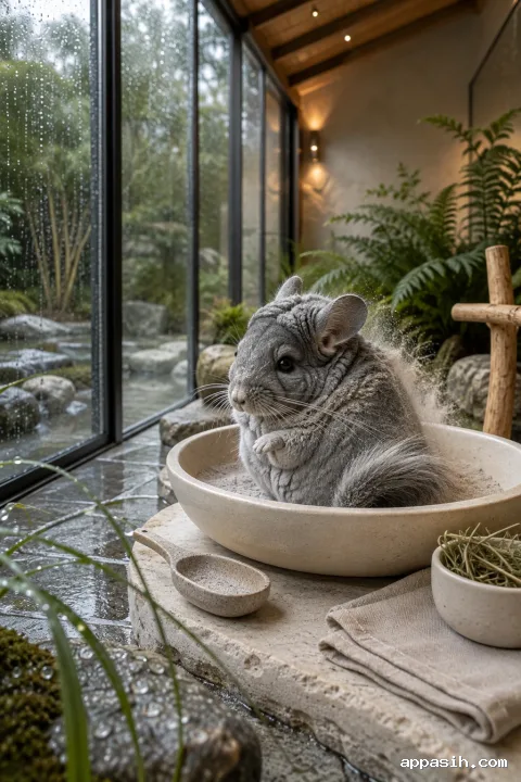 Close three-quarter portrait view of a fluffy gray chinchilla gently stirring pale mineral dust inside a handmade ceramic bath in a rain-covered glass conservatory.
