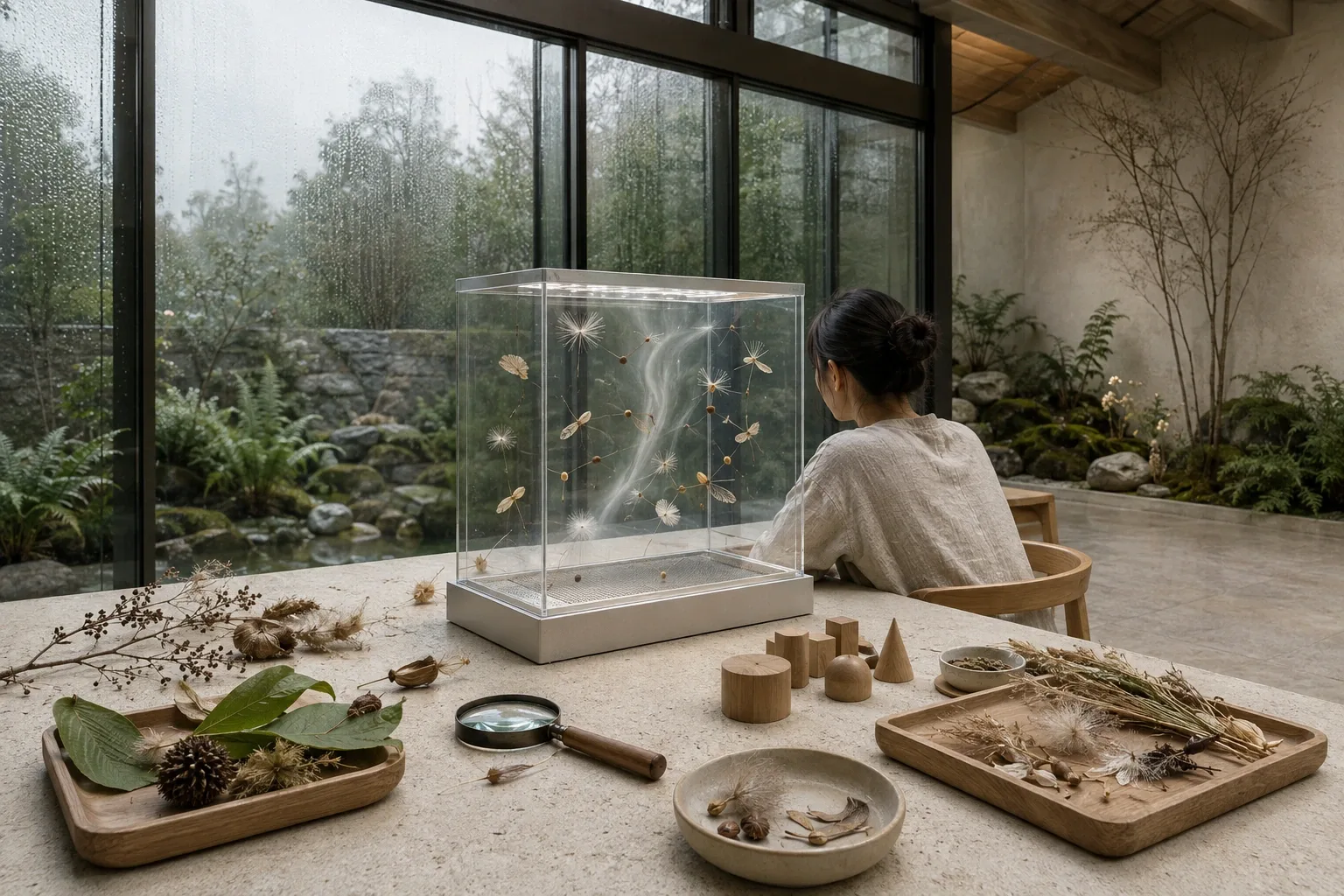 Landscape educational scene with an anonymous learner observing winged and tufted seeds floating inside a transparent tabletop airflow chamber in a rainy glass conservatory.