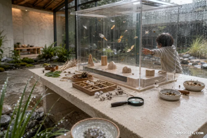 Closer low three-quarter view of an anonymous learner releasing a papery winged seed into a transparent airflow chamber on a botanical discovery table inside a rain-washed conservatory.