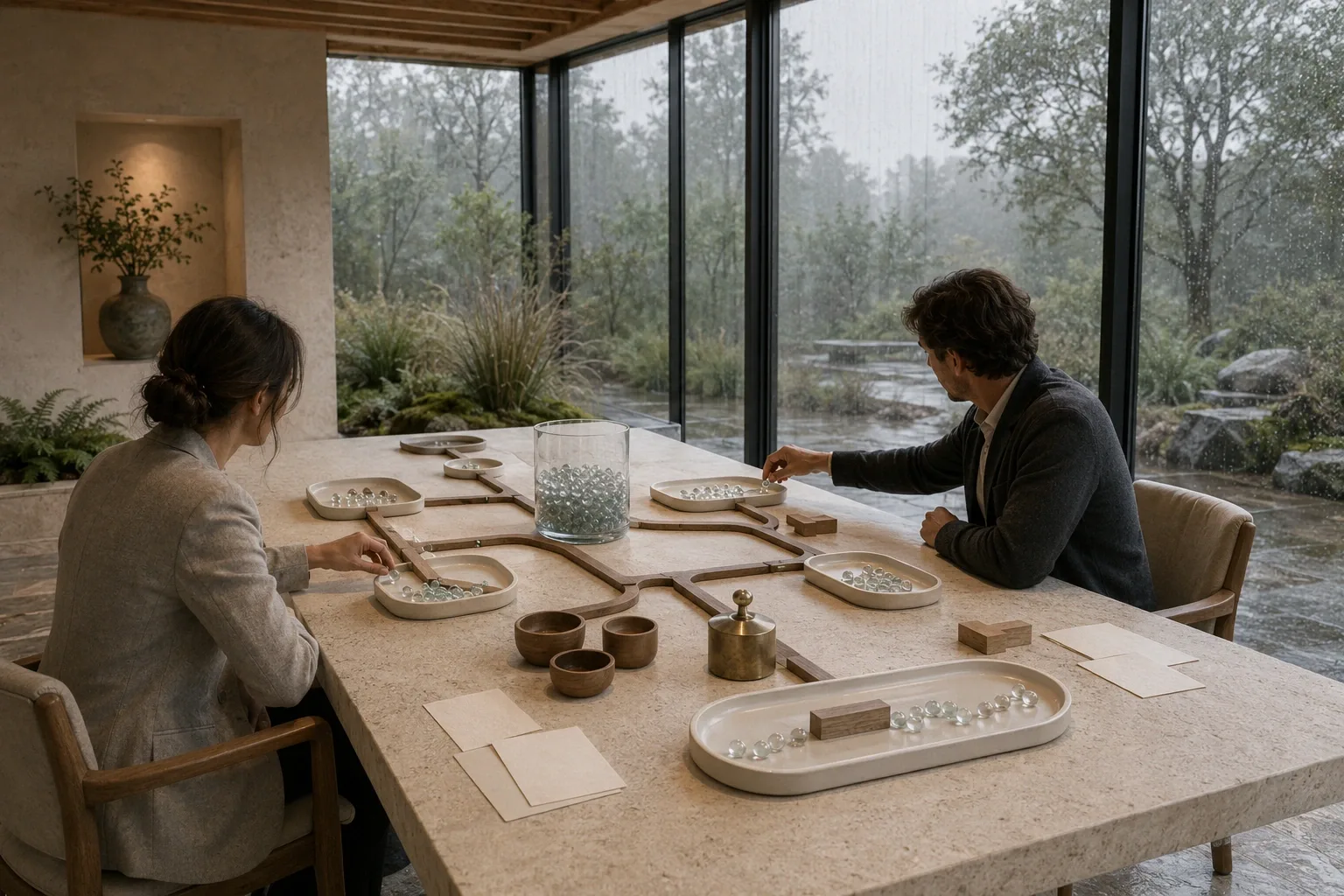 Two anonymous business professionals allocate translucent resource beads through wooden channels and ceramic trays on a limestone finance planning table inside a rainy glass conservatory.