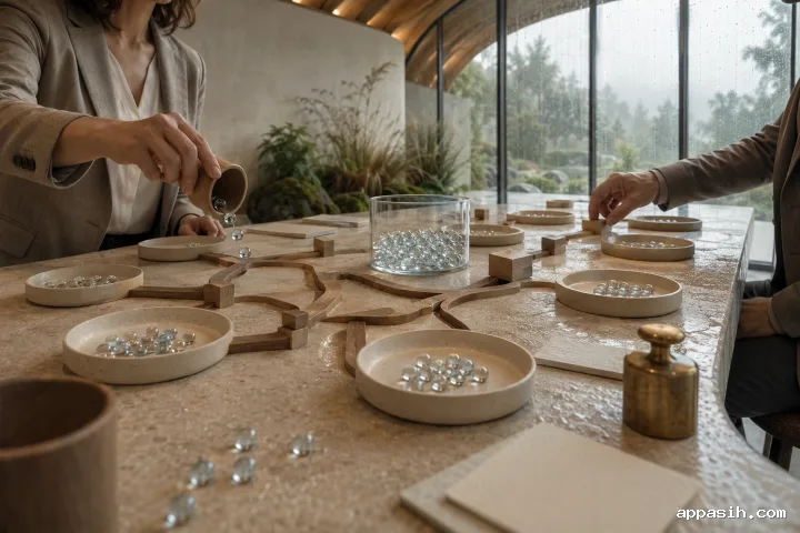 Close three-quarter view of anonymous professionals reallocating translucent resource beads through wooden channels on a limestone capital planning table in a rain-lit conservatory.
