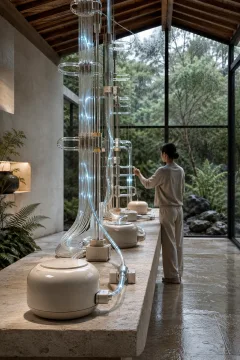 Portrait technology scene of translucent fiber-optic strands carrying soft light pulses between ceramic computing nodes on a limestone workbench inside a rain-washed glass conservatory.