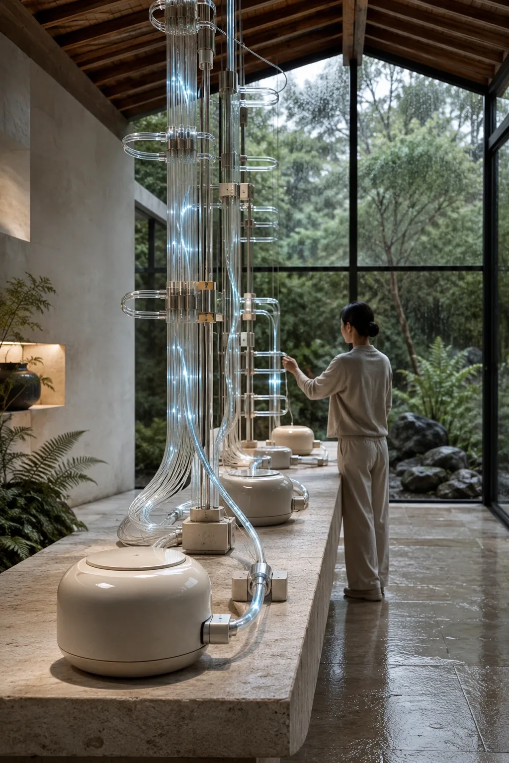 Portrait technology scene of translucent fiber-optic strands carrying soft light pulses between ceramic computing nodes on a limestone workbench inside a rain-washed glass conservatory.