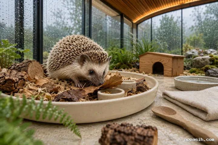 Close three-quarter view of a healthy hedgehog nosing through dried leaves and natural enrichment materials in a rain-lit glass conservatory.