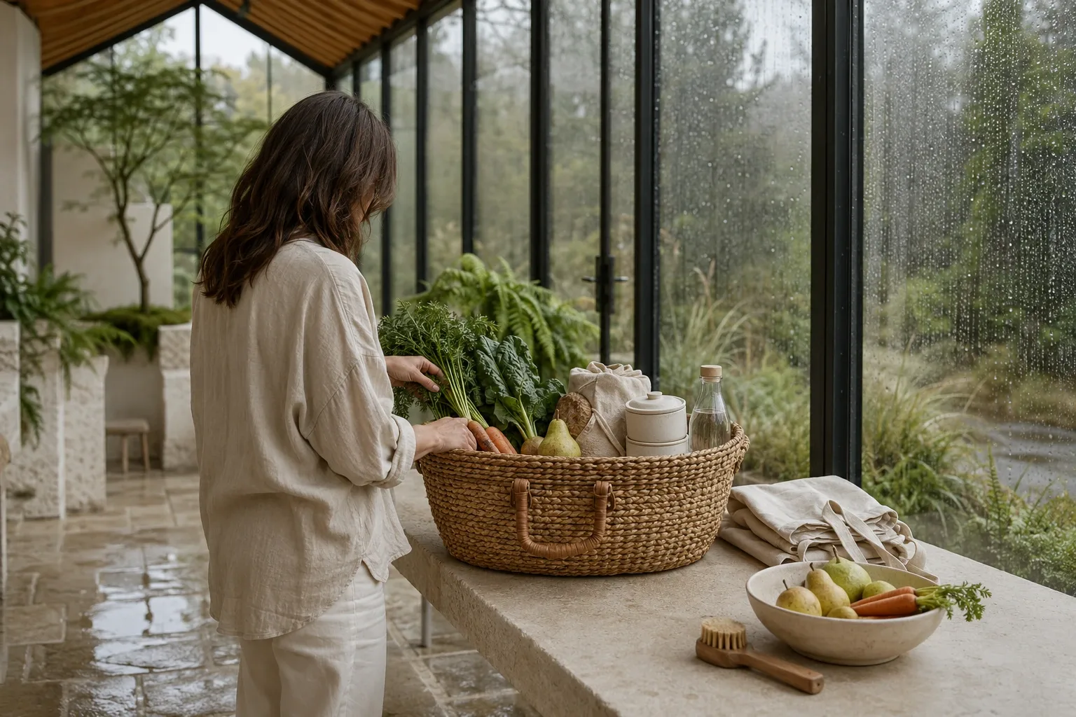 Anonymous adult preparing a woven reusable market basket with fresh produce and simple containers on a limestone bench inside a rainy contemporary glass conservatory.