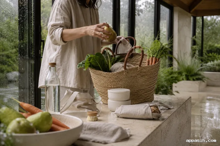 Closer three-quarter view of an anonymous adult placing a pear into a woven reusable market basket on a limestone bench inside a rain-beaded glass conservatory.