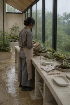 Anonymous conservatory stone keeper tending pale-green lichen and moss on weathered stones beside a limestone workbench during a soft rainy morning.