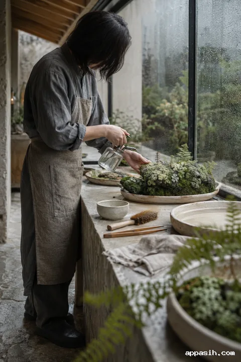 Closer low three-quarter view of an anonymous conservatory keeper gently misting moss and lichen on a weathered stone beside rain-beaded glass.