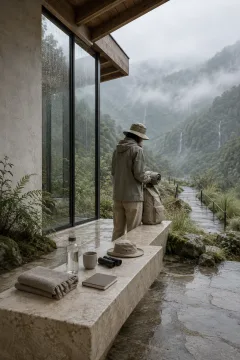 Anonymous traveler with compact luggage and a daypack inside a rain-beaded glass mountain waystation overlooking misty cloud-forest ridges.