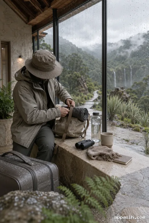 Closer low three-quarter view of an anonymous traveler tightening a daypack strap beside compact luggage in a rainy glass cloud-forest mountain waystation.