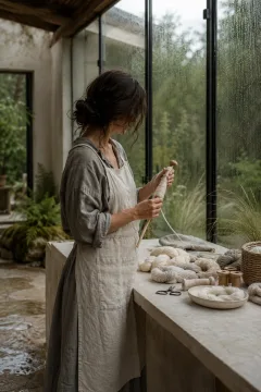 Anonymous fiber artisan winding cream-colored natural yarn beside a limestone worktable in a serene rain-washed glass conservatory.