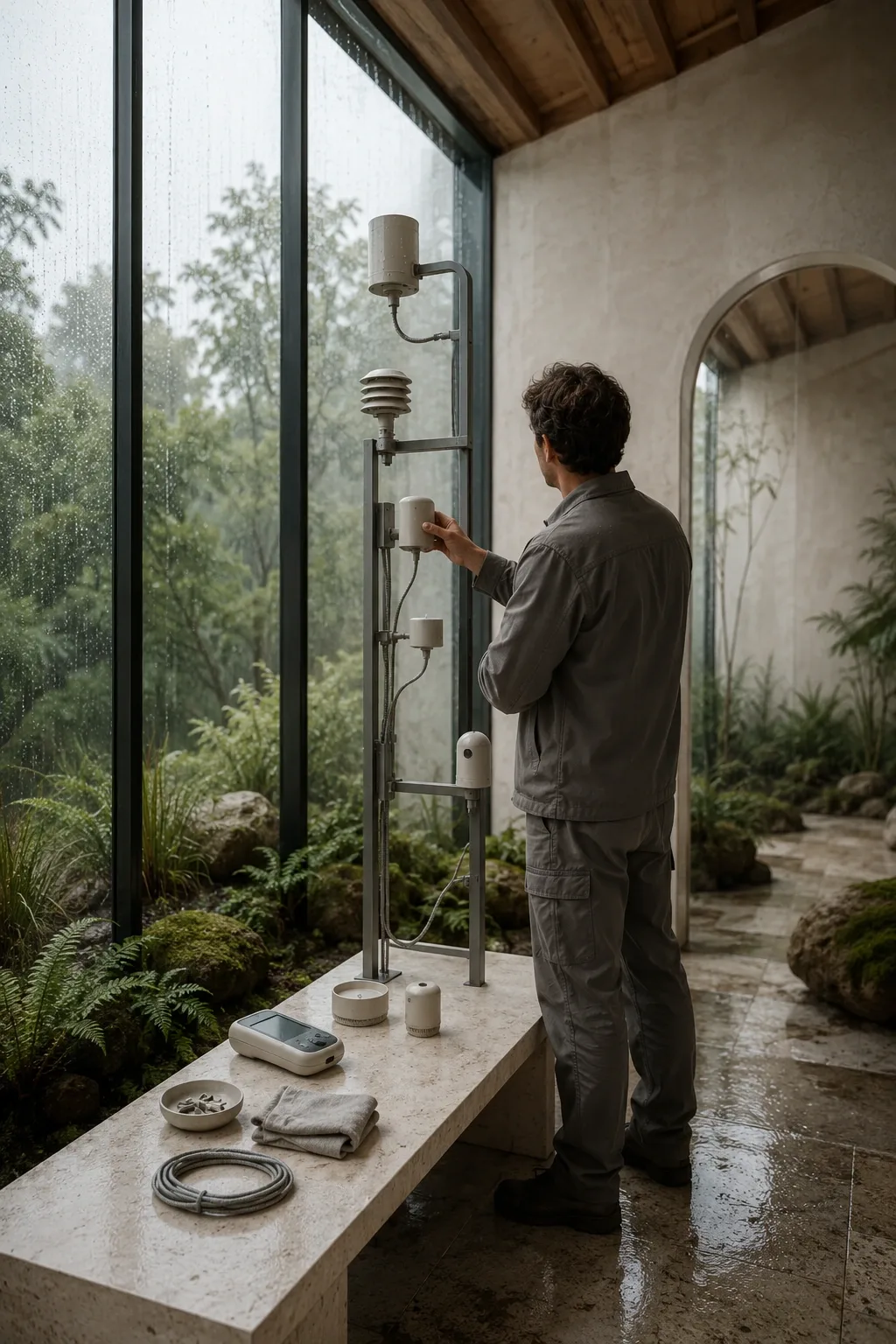 Anonymous technician adjusting a modular ceramic microclimate sensor array inside a rain-washed contemporary glass conservatory.