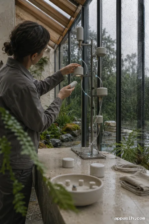 Close three-quarter view of an anonymous technician calibrating a ceramic environmental sensor module in a rain-beaded glass conservatory.