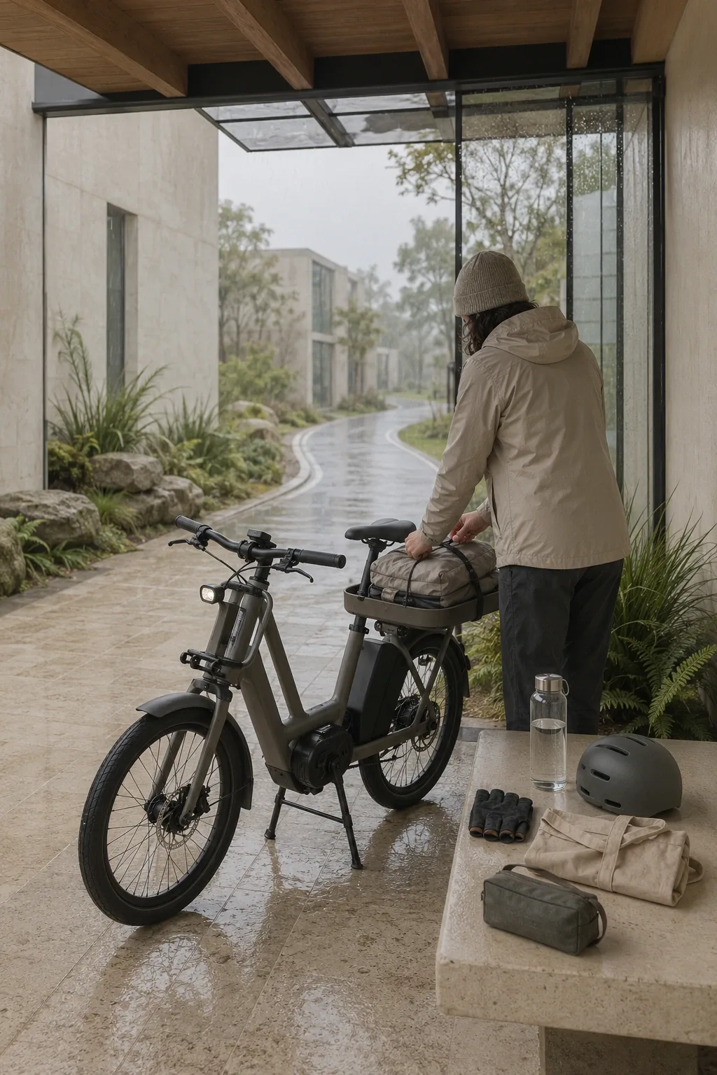 Unbranded electric cargo bicycle at a serene glass conservatory mobility hub during a gentle rainy morning, with an anonymous commuter preparing for departure.