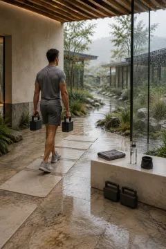 Anonymous athlete carrying two compact weighted training handles through a rain-soaked contemporary conservatory fitness circuit.