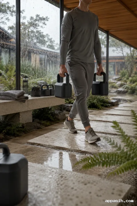 Closer low-angle view of an anonymous athlete performing a controlled farmer carry with matte weighted handles inside a rainy conservatory fitness pavilion.