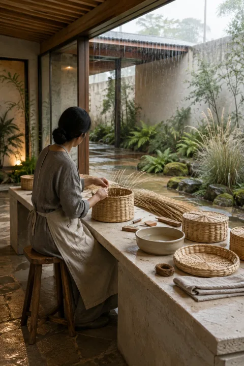 Anonymous artisan weaving a natural reed basket at a limestone worktable inside a serene rain-washed courtyard heritage workshop.