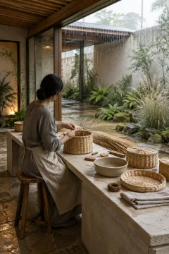 Anonymous artisan weaving a natural reed basket at a limestone worktable inside a serene rain-washed courtyard heritage workshop.