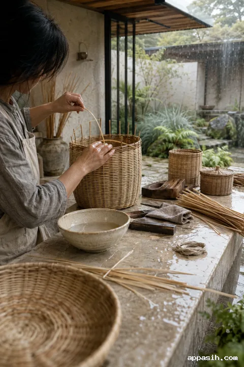 Close three-quarter view of an anonymous artisan bending damp natural reeds around a handwoven basket rim in a rain-lit courtyard heritage workshop.