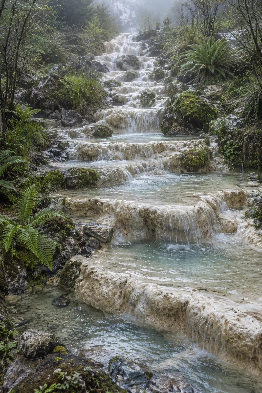 Rain-fed clear water cascading across pale travertine terraces surrounded by lush ferns, moss, and wet grasses during a soft overcast morning shower.