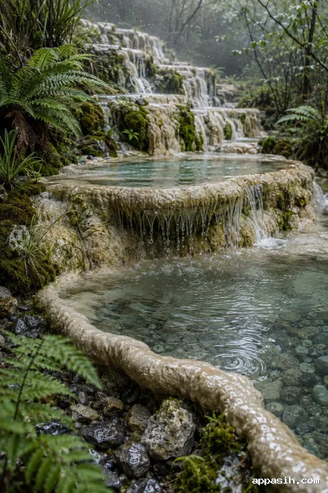 Close three-quarter view of clear rain-fed water spilling over pale travertine terraces among wet ferns, moss, grasses, and dark pebbles in soft overcast morning light.