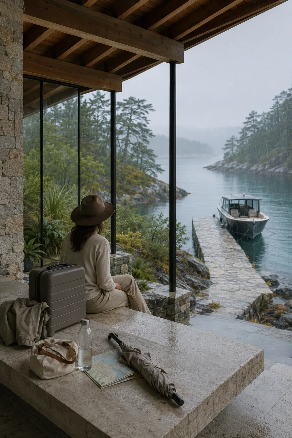 Anonymous traveler with neutral luggage beneath a rain-washed island arrival pavilion overlooking a misty coastal inlet and small passenger launch.