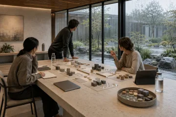 Anonymous finance professionals arranging unmarked allocation blocks and glass tokens on a limestone strategy table inside a rain-washed contemporary corporate atrium.