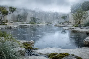 Surreal pale limestone courtyard with a shallow reflective basin as clear rain droplets rise upward from the water into soft morning mist.