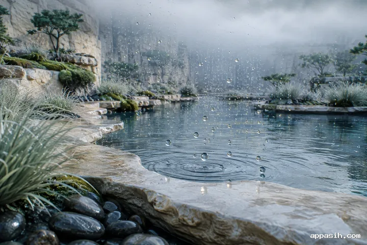 Close three-quarter view of a surreal limestone rain courtyard where clear droplets lift from rippling reflective water toward suspended mist above wet stone and grasses.