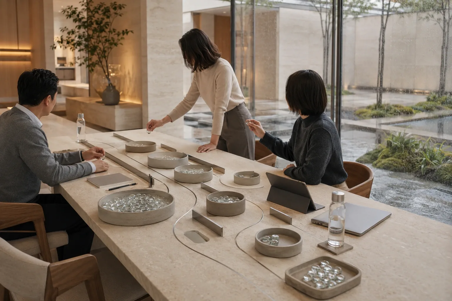 Three anonymous finance professionals review a tactile liquidity stress-testing system of ceramic reservoirs and glass markers on a limestone table inside a rain-softened corporate atrium.