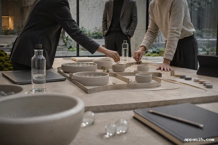Close three-quarter view of anonymous finance professionals adjusting glass markers between ceramic liquidity reservoirs during a stress-test session in a rainy limestone corporate atrium.