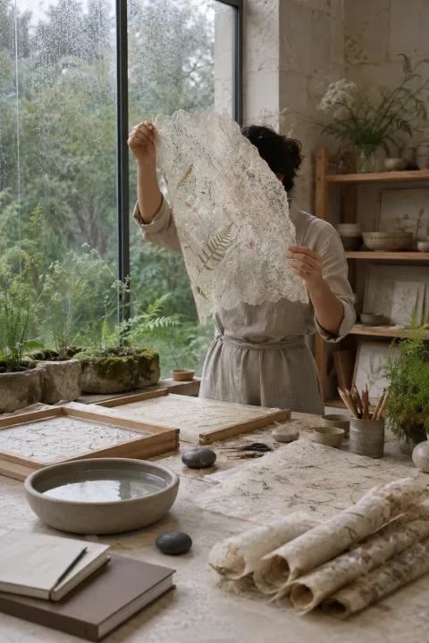 Anonymous botanical artisan holding a translucent plant-fiber sheet beside a limestone worktable in a rainlit conservatory workshop.