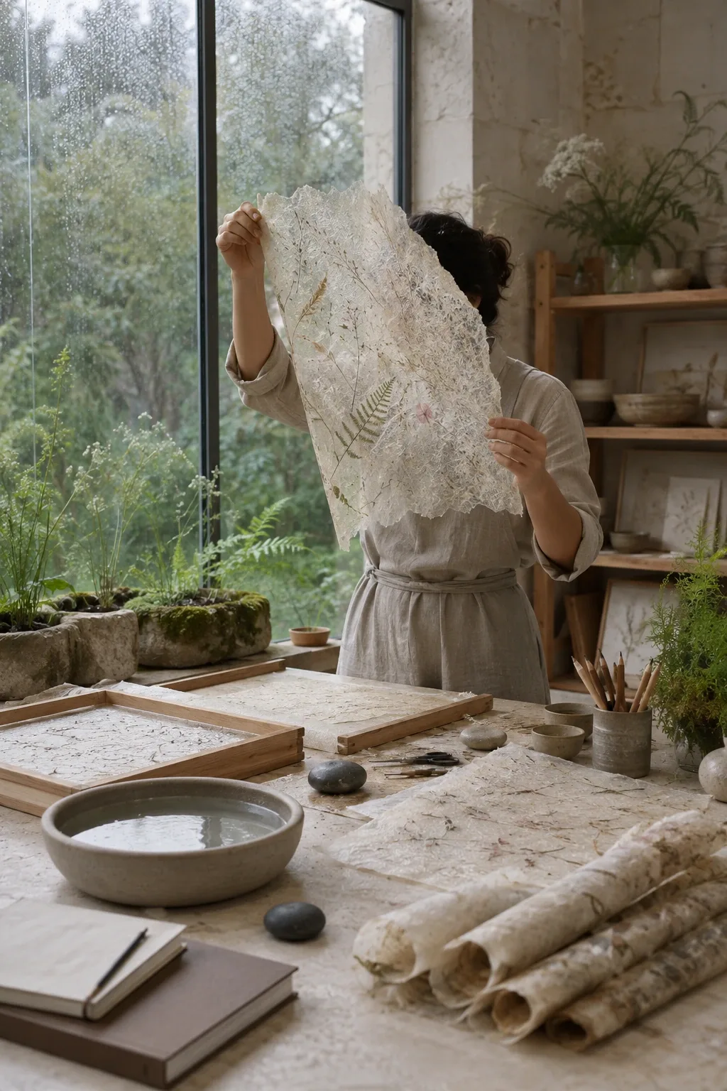 Anonymous botanical artisan holding a translucent plant-fiber sheet beside a limestone worktable in a rainlit conservatory workshop.