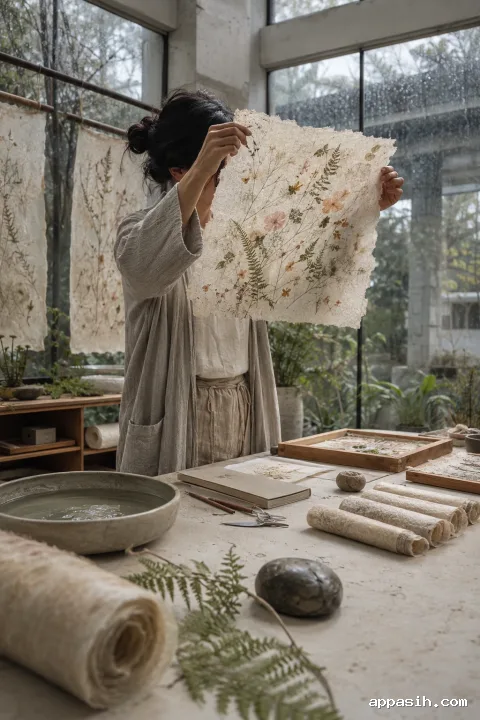 Closer three-quarter portrait of an anonymous botanical artisan lifting a glowing translucent plant-fiber veil beside a limestone table in a rain-soaked conservatory.