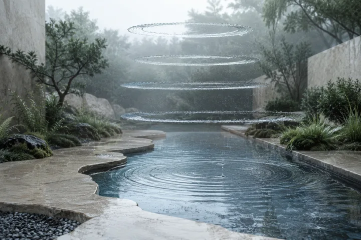 Surreal rain-soaked limestone garden with clear circular water ripples suspended above a calm blue-gray reflecting basin.
