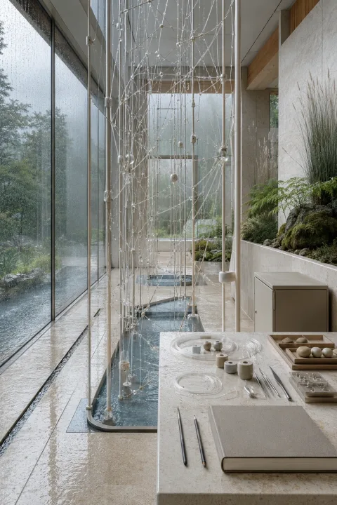 Portrait view of a serene rain-soaked limestone technology atrium centered on a delicate three-dimensional network of translucent humidity-responsive fibers and ceramic sensor nodes.