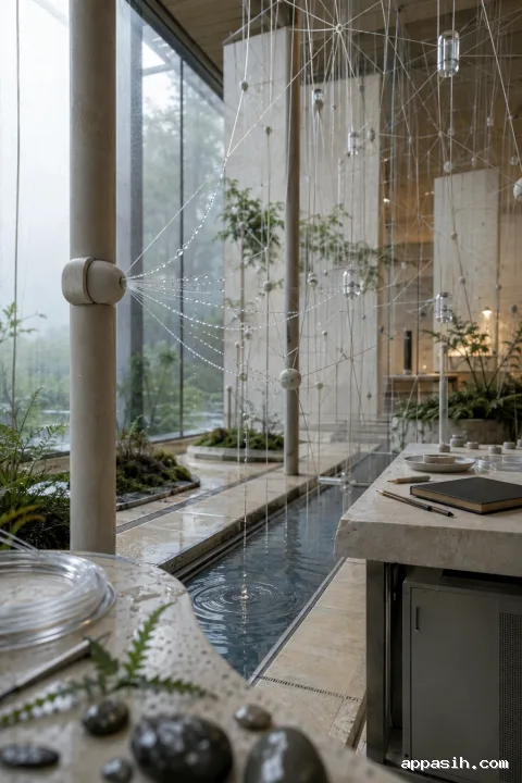 Close low three-quarter portrait view of a rain-responsive translucent fiber sensing network with condensation beads, ceramic sensor nodes, wet limestone, ferns, and a shallow water channel inside a contemporary technology atrium.