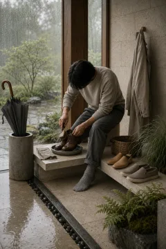 Anonymous adult brushing rain-damp walking shoes beside a limestone bench in a serene contemporary garden entryway during an overcast morning shower.