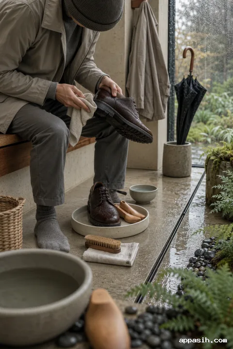 Closer three-quarter view of an anonymous adult wiping a freshly brushed rain-damp shoe beside a limestone bench in a refined garden entryway during a soft morning shower.
